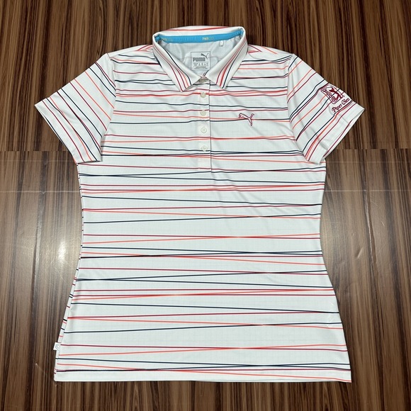 Puma PWR Cool Dry Cell Golf Shirt Womens Size M White Orange Black Striped Logo - Picture 1 of 13